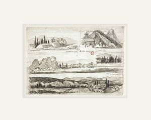 Vintage Post Impressionist South of France Graphite Landscape Drawing on Paper, Signed by Artist With Mat