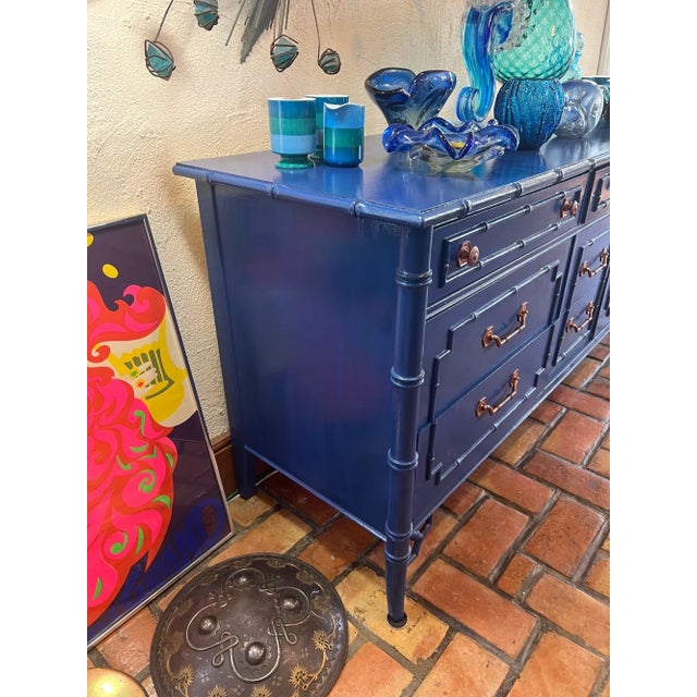 Wood Thomasville Allegro Chinoiserie Faux Bamboo Dresser in Blue For Sale - Image 7 of 18
