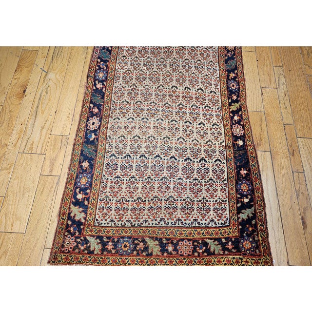 19th Century Persian Bidjar Wide Runner, Hand-Knotted Wool, Allover Paisley Pattern, Ivory & Navy, 4x14 For Sale - Image 12 of 18