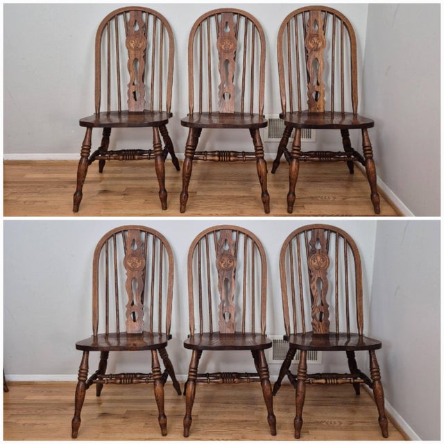 1940s h.w. Hull & Sons Oak Brace Back Windsor Dining Side Chairs W/ Carved Medallions, Set of 6 For Sale In Washington DC - Image 6 of 13