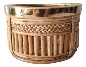 Italian Rattan Plant Basket with Brass Rim, 1970s