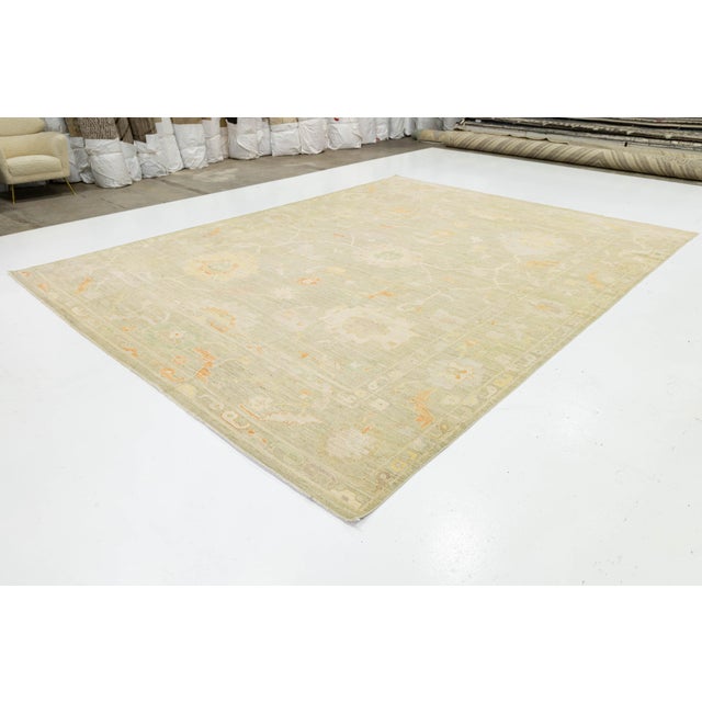 Modern Modern Oushak Style Hand-Knotted Wool Rug Muted Sage & Apricot Floral Design For Sale - Image 3 of 11
