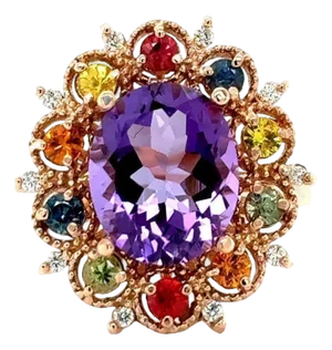 4.98 Carat Oval Cut Amethyst Diamond Sapphire Rose Gold Cocktail Ring, Size 7