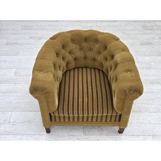 1950s, Danish relax chair. Original green furniture wool, ash wood legs with brass plugs, brass springs in the seat....