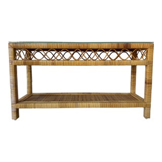 Vintage Coastal Rattan Two-Tier Console Table With Glass Top For Sale