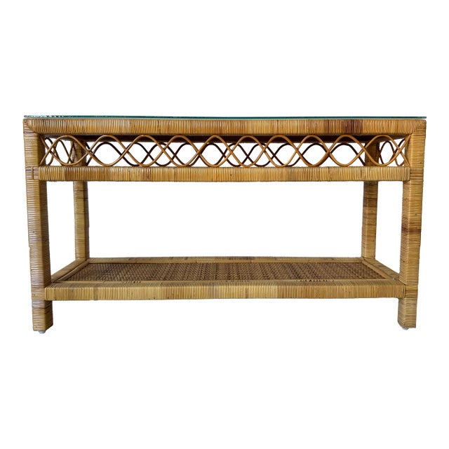 Vintage Coastal Rattan Two-Tier Console Table With Glass Top For Sale