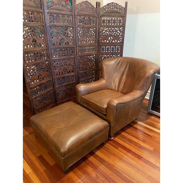 English Vintage Henredon Leather Club Chair & Ottoman – Ralph Lauren Upper East Side Townhouse Style For Sale - Image 3 of 11