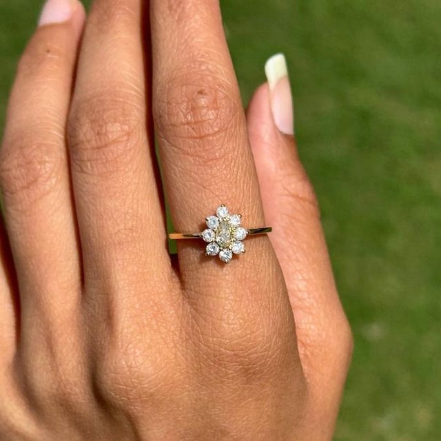 Contemporary 14k Gold Victorian Inspired Fancy Yellow Diamond Flower Cluster Ring Size 9 For Sale - Image 3 of 17