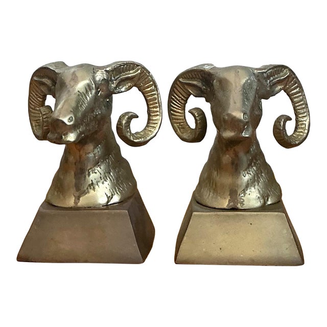Vintage Brass Ram Bust Bookends - A Pair For Sale