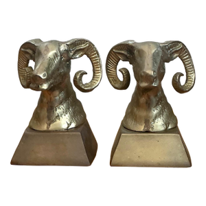 Vintage Brass Ram Bust Bookends - A Pair