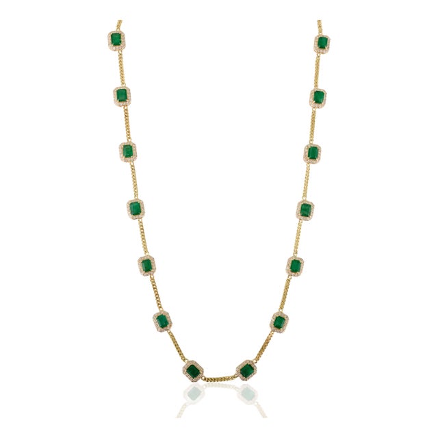 VRJewels Luxury 6.2 Carat Emerald & Diamond 16 Inch Curb Link Chain Necklace in 14k Gold For Sale