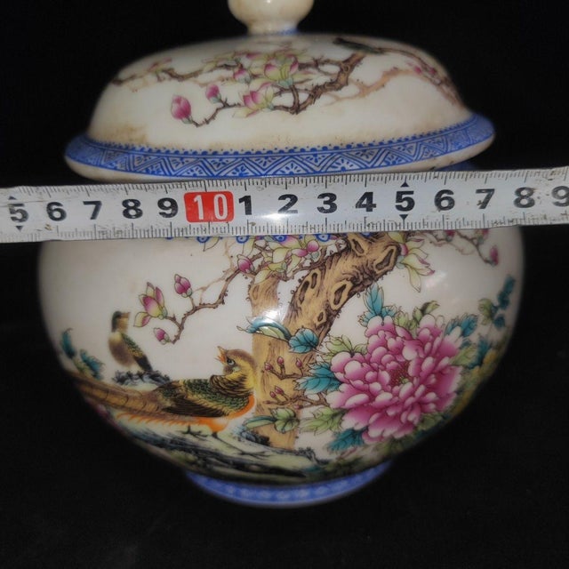 Chinese Pair of Chinese Famille Rose Porcelain Covered Jars With Birds & Peony Motif For Sale - Image 3 of 9