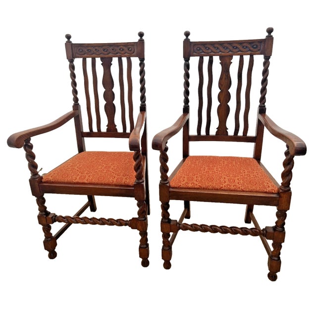 Pair of Antique Jacobean Revival Barley Twist Oak Armchairs Rust & Gold Damask For Sale In Palm Springs - Image 6 of 13
