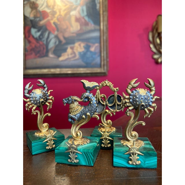 1950s Vintage Italian Gilt 800 Silver Zodiac Place Card Holders with Malachite Bases, 1950s, Set of 4 For Sale - Image 5 of 10