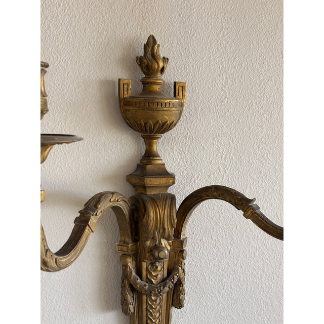 Antique French Louis XVI Style Twin-Light Wall Sconces - Gilt Bronze Ormolu Neoclassical Double Arm Wall Lights, Late 19th Century - Pair For Sale - Image 14 of 18