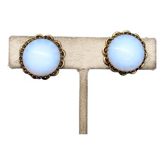 Vintage 1950s Signed Napier Round Goldtone Faux-Moonstone Clip Earrings- 2 Pieces For Sale