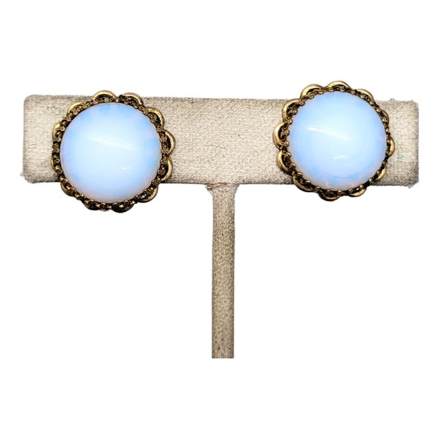 Vintage 1950s Signed Napier Round Goldtone Faux-Moonstone Clip Earrings- 2 Pieces For Sale