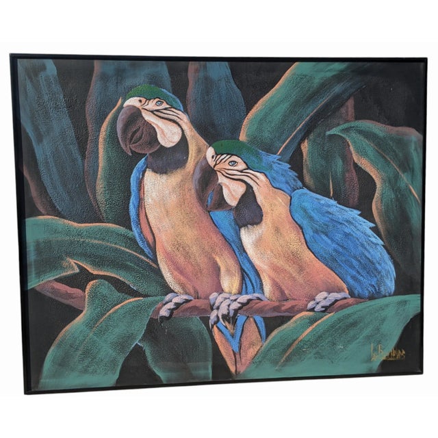 Vintage Large Scale Tropical Bird Parrot Painting on Canvas Framed and Signed by the Artist, Lee Reynolds 40"H x 50"W The...