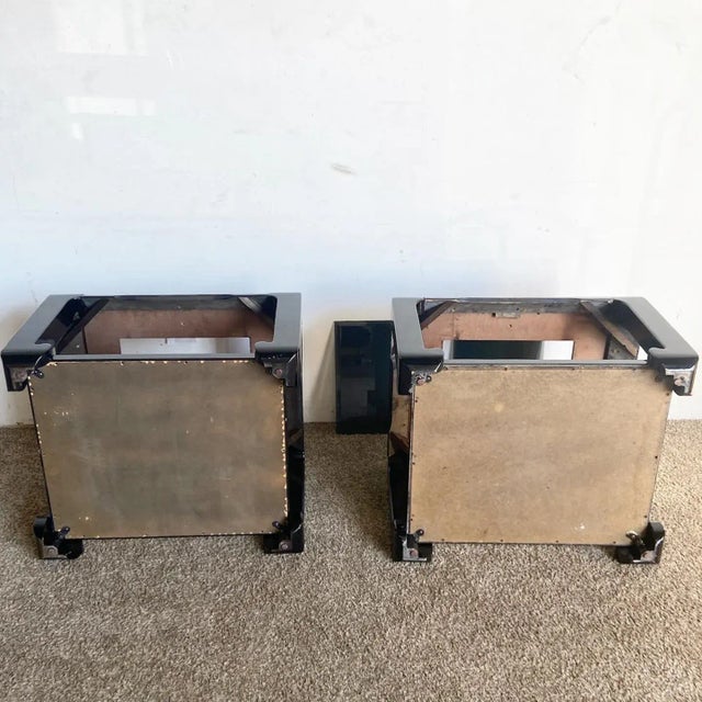 1980s Chinoiserie Black Lacquered and Burl Wood Glass Top Side Tables - a Pair For Sale - Image 5 of 10