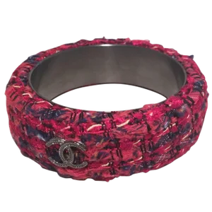 Chanel Red Tweed and Steel Bangle Bracelet