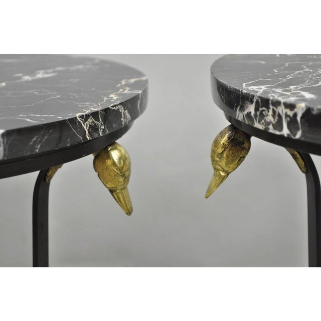 Mid 20th Century Mid 20th Century Italian Regency Round Marble Top Wrought Iron Brass Swan Low Drink Table - Pair For Sale - Image 5 of 16