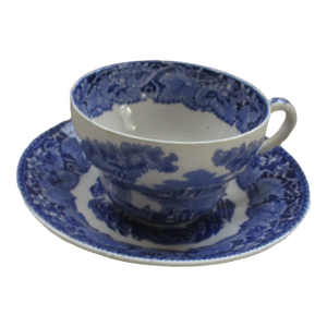 Antique Mason's "Vista" Blue & White Oversize Tea Cup & Saucer 4.5"