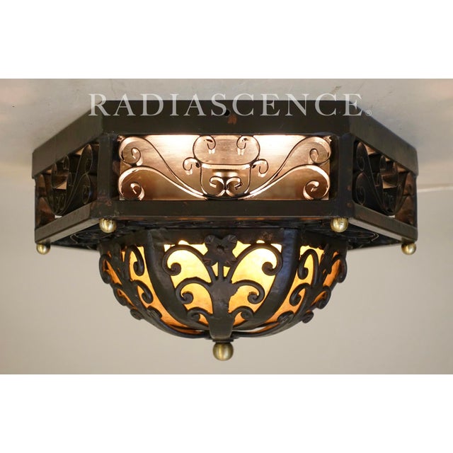 1950s Spanish Revival Mica Wrought Iron Brass Elaborate Octagon Light Ceiling Lamp For Sale - Image 10 of 11
