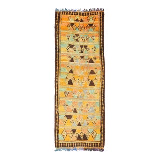 Mid 20th Century Long Vintage Moroccan Runner With Tribal Design in Orange, Brown, Blue and Green For Sale