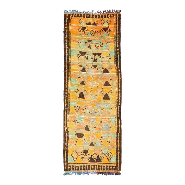 Mid 20th Century Long Vintage Moroccan Runner With Tribal Design in Orange, Brown, Blue and Green For Sale