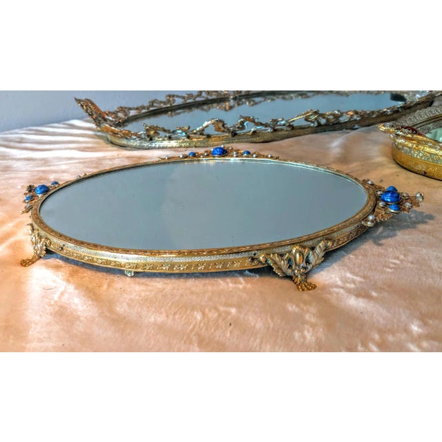 Antique Vanity Tray With Filigree Adorned by Rose Cut and Pearl Like Gems For Sale In San Diego - Image 6 of 11