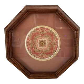 Vintage 1970s Octagon Walnut Framed Hand Embroidered Textile Art Wall Hanging For Sale