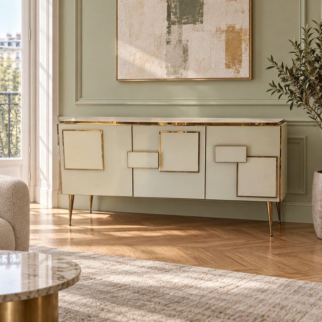 Wood Three-Door Ivory Murano Glass and Brass Italian Sideboard from Justfurnituress SRL For Sale - Image 7 of 9