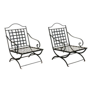 Vintage Pair of French Wrought Iron Folding Patio Chairs by Hervé Baume | Outdoor Armchairs | France 1970s For Sale