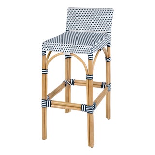 Serienna 30 in. Seat Height Rectangular Rattan Low Back Bar Stool, White/Navy Dot / Natural Rattan Frame For Sale