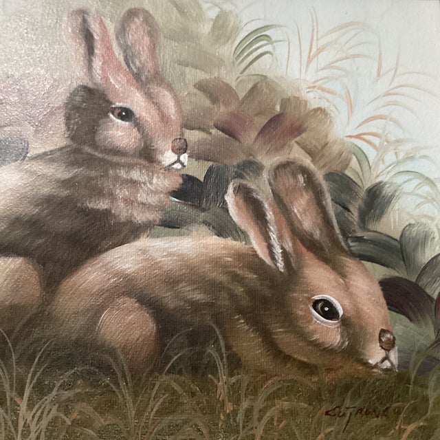 Mid 20th Century Vintage Cutrona Wildlife Canvas Painting of Bunnies Artist Signed Framed For Sale - Image 11 of 12