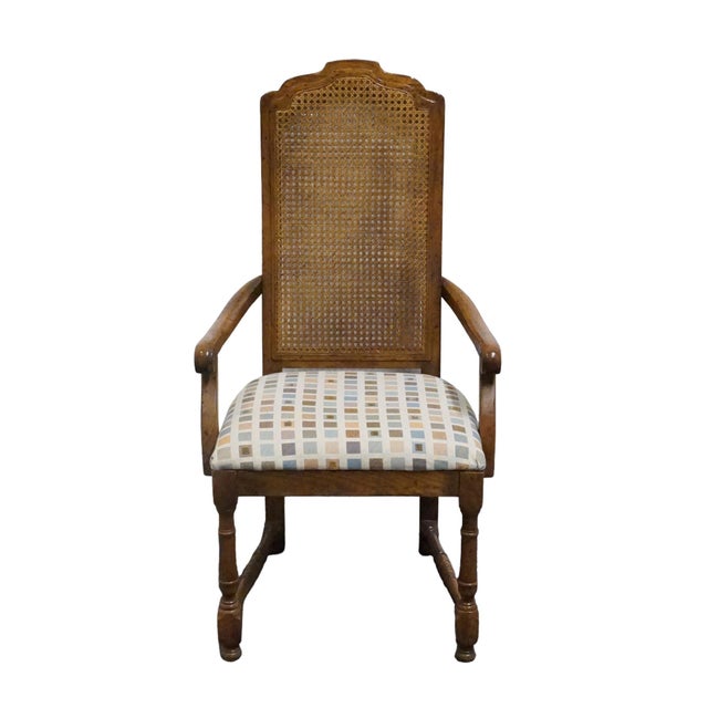 English Drexel Furniture Bishopsgate Collection Solid Walnut English Tudor Style Cane Back Dining Arm Chair For Sale - Image 3 of 9