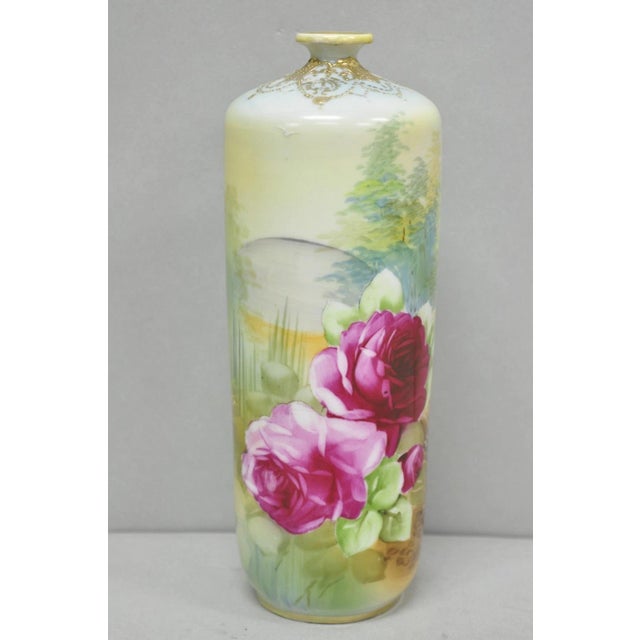 Antique Nippon Hand Painted Pink Rose & Lake Scene Small Porcelain Cylinder Vase For Sale - Image 14 of 14