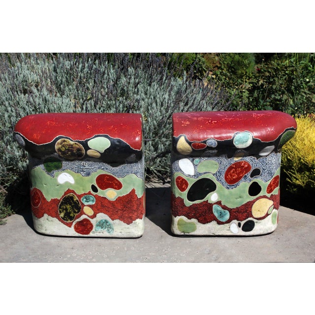 "Gemstones" by Michael Gustavson, Raku Ceramic Functional Bench Sculpture, Deep Red Black and Jewel Tones, Contemporary California Art, Vibrant Colors For Sale - Image 4 of 5
