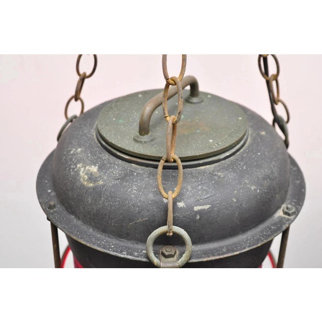 Early 20th Century Antique Durkee Marine Ship Lantern Fixture Red Fresnel Pendant Chandelier (B) For Sale - Image 5 of 11