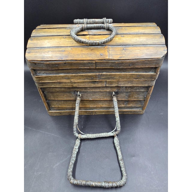Brown Vintage Primitive Split Bamboo Slatted Storage Chest Trunk- 13" Gathering Basket With Wrapped Wire Handles For Sale - Image 8 of 18