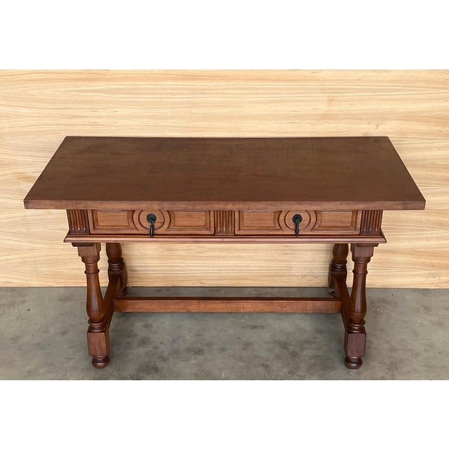 Spanish Pair of Early 20th Spanish Light Walnut Country Farm Desk with Two Drawers For Sale - Image 3 of 18