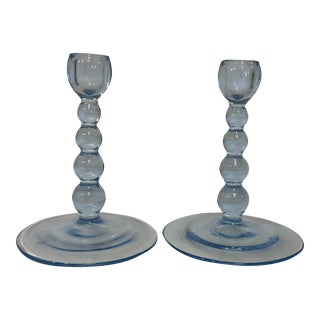 1940s Depression Era Pressed Bubble Glass Sky Blue Candle Holders - a Pair For Sale