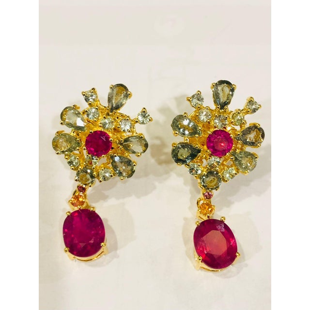 Bochic "Orient" Ruby & Green & Yellow Sapphire Earrings Set 18K Gold & Silver For Sale - Image 9 of 18