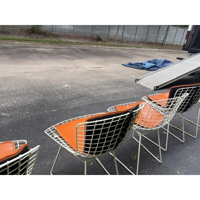 This set of 6 Harry Bertoia wire chairs for Knoll, complete with leather cushions, is a stylish and modern addition to any...
