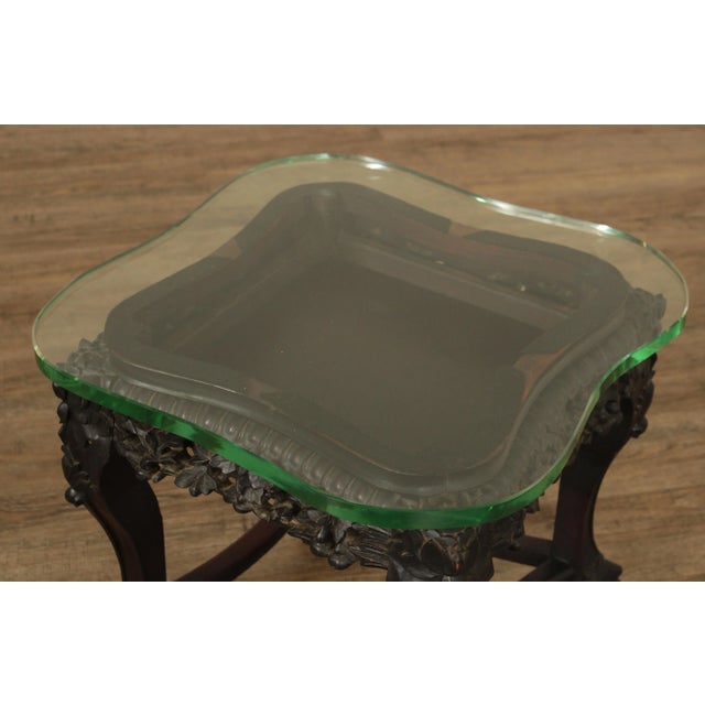 Brown Antique Asian Ornate Carved Tabouret Side Table with Glass Top For Sale - Image 8 of 13