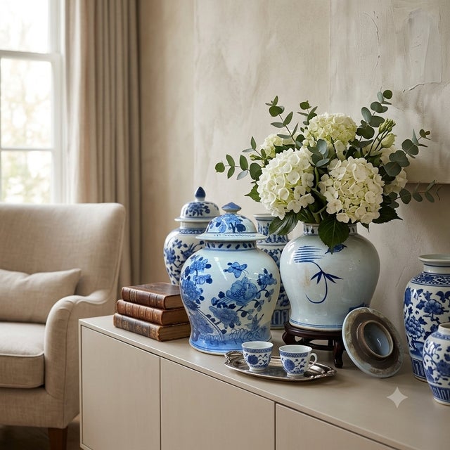 Ceramic Chinese Blue White Porcelain Flower Birds Graphic Temple Jar For Sale - Image 7 of 7