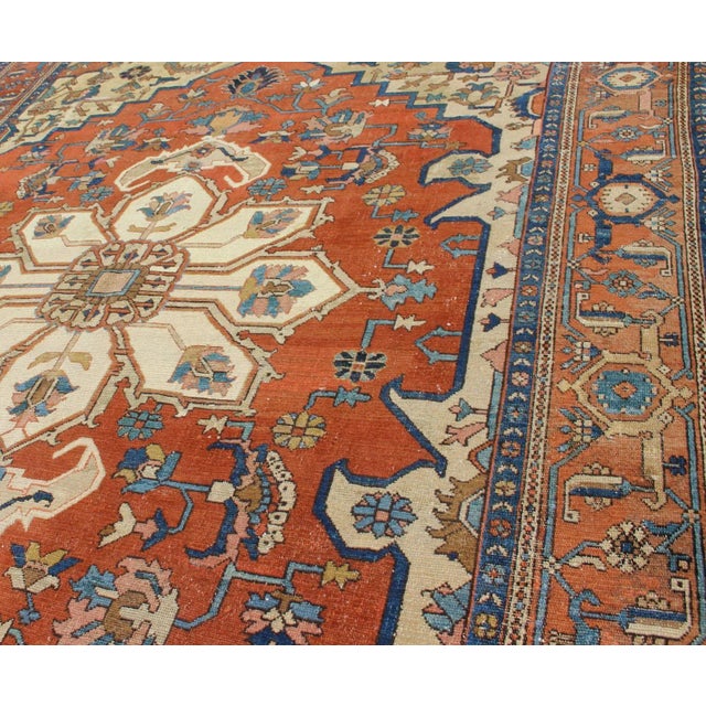 Antique Persian Serapi Rug in Geometric Medallion Design With Orange & Blue 8'2 X 11'3 For Sale - Image 4 of 16