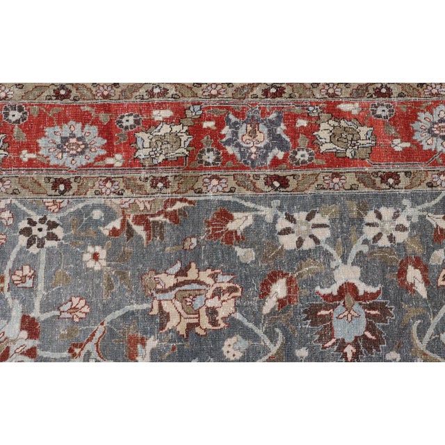 Antique Persian Tabriz Rug With Floral and Vine Design in Muted Blue and Red Tones 8'9"x12'2" For Sale In Atlanta - Image 6 of 9