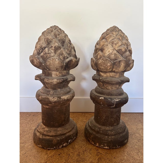 Vintage Pair of Carved Garden Acorns on Pedestal For Sale - Image 4 of 14