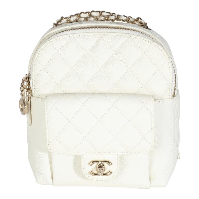 White Quilted Caviar Small CC Day Backpack Handbag For Sale